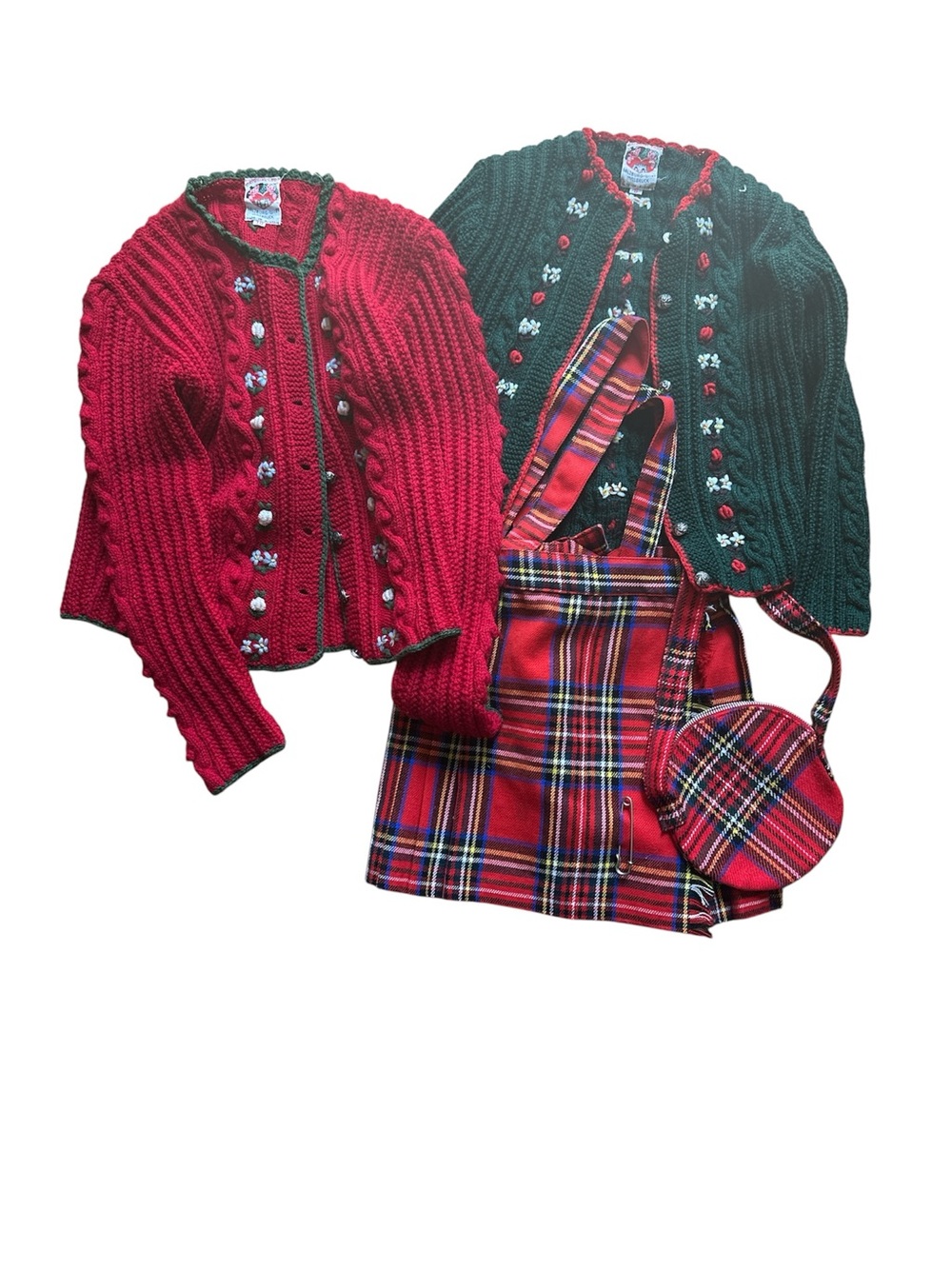 Vintage Austrian Girls' Red & Green Knit Cardigan Set with Tartan Skirt
